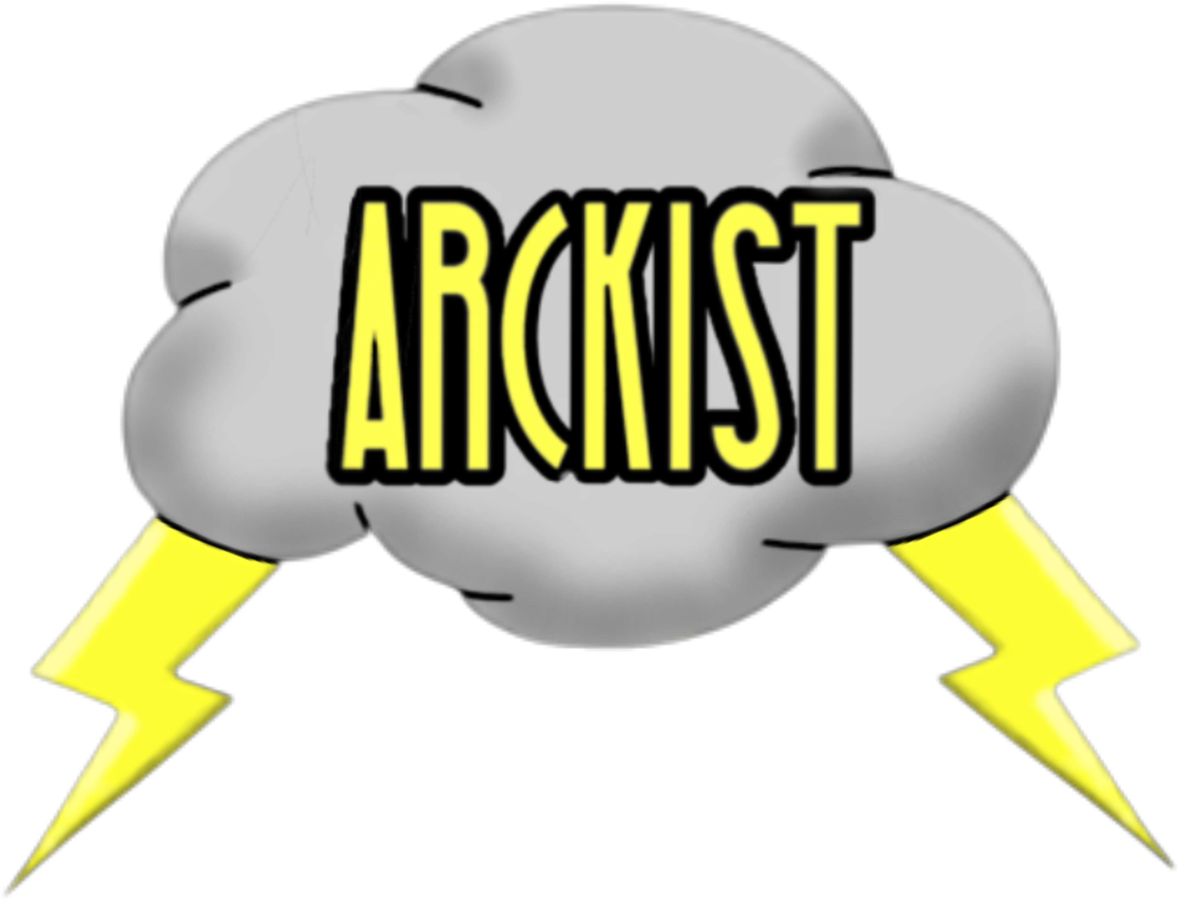 ARCKIST lettered in yellow marquee type across a grey storm cloud, a lightning bolt striking down from each side